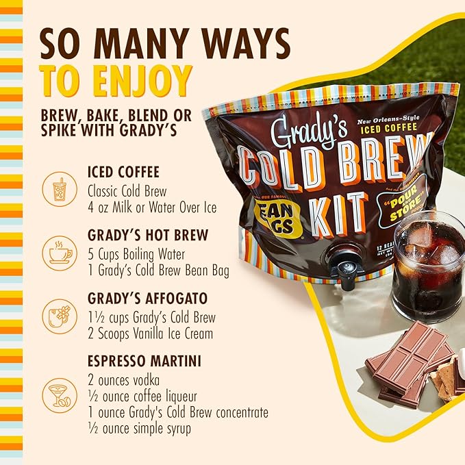 GRADY’S COLD BREW, New Orleans Style, 100% Arabica Ground Coffee & Chicory Pouches, All-in-One Cold Brew Kit with 12 Easy-to-Brew Beans Bags, Makes 36 drinks