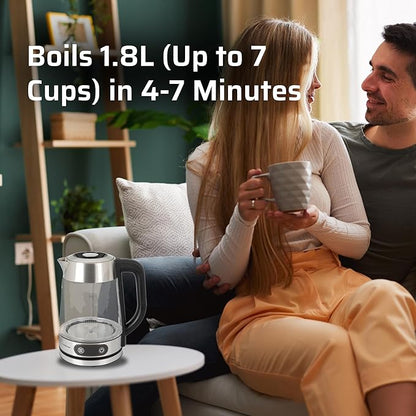 Epsilon 1.8L Glass Electric Kettle – Hot Water Tea Kettle with Borosilicate Glass & Stainless Steel, Auto Shut-Off, Fast Boil 1100W Electric Teapot, BPA-Free, Cool Touch Base