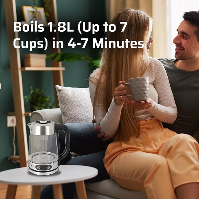 Epsilon 1.8L Glass Electric Kettle – Hot Water Tea Kettle with Borosilicate Glass & Stainless Steel, Auto Shut-Off, Fast Boil 1100W Electric Teapot, BPA-Free, Cool Touch Base