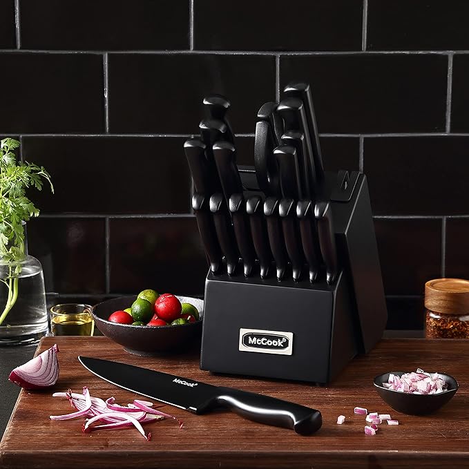 McCook® Premium Black Knife Sets,German Stainless Steel Kitchen Knives Block Set with Built-in Sharpener