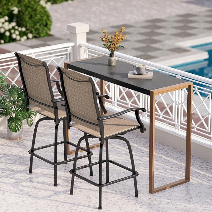 PHI VILLA 3 Piece Outdoor Bar Set, High Top Patio Table and Chairs with Brown Textilene Fabric & Rustproof Metal Frame for Backyard, Balcony, Garden & Poolside