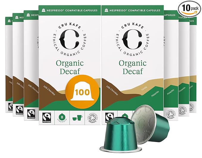 Cru Kafe Decaf USDA Organic Espresso Coffee Capsules (100 Pods) Fairtrade Coffee Pods Compatible with Nespresso Original Line and Pixie Machines