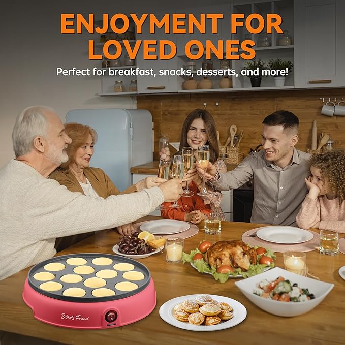 Baker's Friend Mini Pancakes Maker Machine, Dutch Mini Pancake Griddle, 14 Holes Electric Poffertjes Pan, Ideal for Breakfast, Snacks, Desserts & More, Red