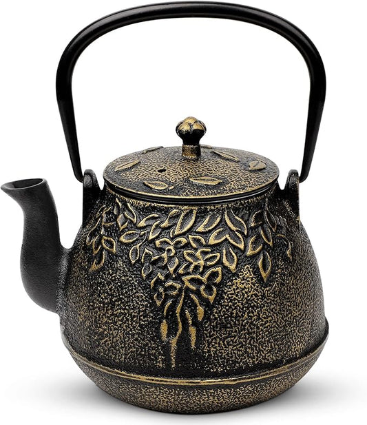 Tea Kettle, TOPTIER Japanese Cast Iron Tea Pot for Stove Top, Cast Iron Teapot Humidifier for Wood Stove, Leaf Design Tea Kettle Coated with Enameled Interior for 32 Ounce (950 ml), Black