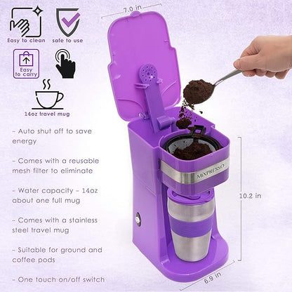 Mixpresso Purple Personal Single Serve Coffee Maker with 14oz Travel Mug, Drip Small Coffee Maker with Auto Shut Off, Reusable Filter, Works with Ground Coffee Only – Not for K-Cup Pods