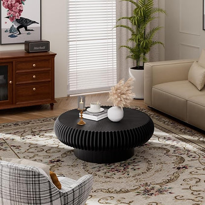 Round Fluted Coffee Table Modern Handcraft Drum Coffee Table with Sturdy Pedestal 31.5" Farmhouse Center Table Tea Table for Living Room, Reception Room, Entertainment Room (Black 31.5 inch)