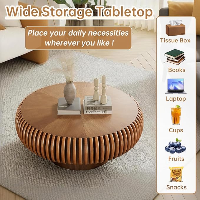 Round Coffee Table 31.4" Modern Brown Fluted Coffee Table Low Round Drum Pedestal Coffee Tables for Living Room Farmhouse (Brown 31.4in)