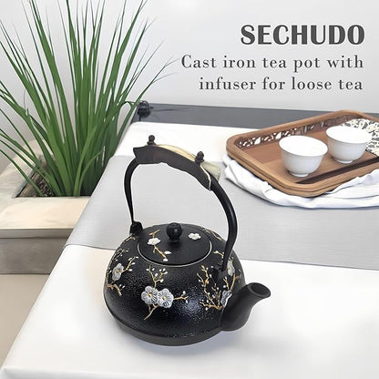 Cast Iron Teapot SECHUDO Teapot for Stovetop Safe Coated with Enameled Interior,Japanese Beautiful Tea Kettle with Stainless Steel Infuser for Loose Tea (60.9oz Plum Blossoms and Bird Pattern)