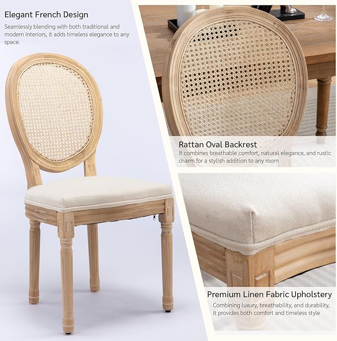 French Country Dining Chairs Set of 6, Vintage Wooden Dining Chairs with Fabric Upholstered Seat&Rattan Oval Backrest,Solid Wood Legs&Frame, Farmhouse Kitchen&Living Room Chairs(Beige,6 Pcs)
