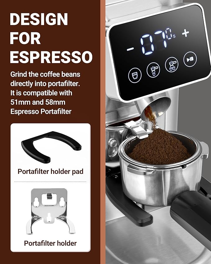 AMZCHEF Coffee Grinder, Burr Coffee Bean Grinder for Home Use with 48 Precise Grind Settings, Detachable Funnel Stand for Espresso, LED Control Panel, Anti-static Design, silver