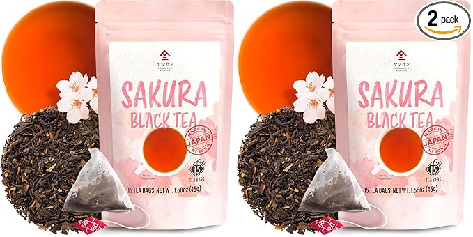 YAMASAN KYOTO UJI Sakura Japanese Loose Leaf Black Tea Bag 3g×15bags,Cherry Blossom Flavored Tea, Blended with cherry leaves (Pack of 2)