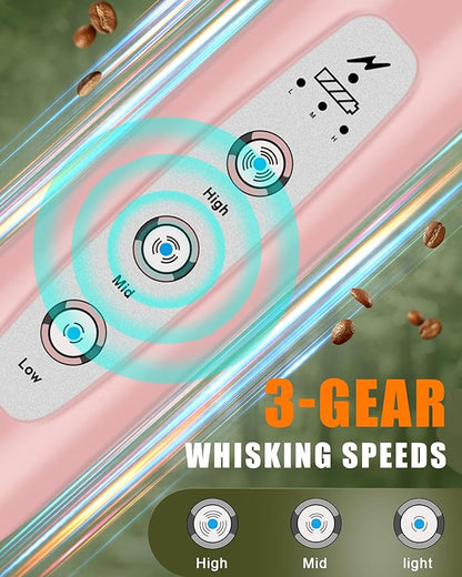 YUSWKO Rechargeable Milk Frother Handheld Frother Wand Drink Mixer for Coffee, Electric Whisk 3 Speed Adjustable, Coffee Foamer Maker with 3 Stainless Whisks Ideal Stirrers for Travel - Pink