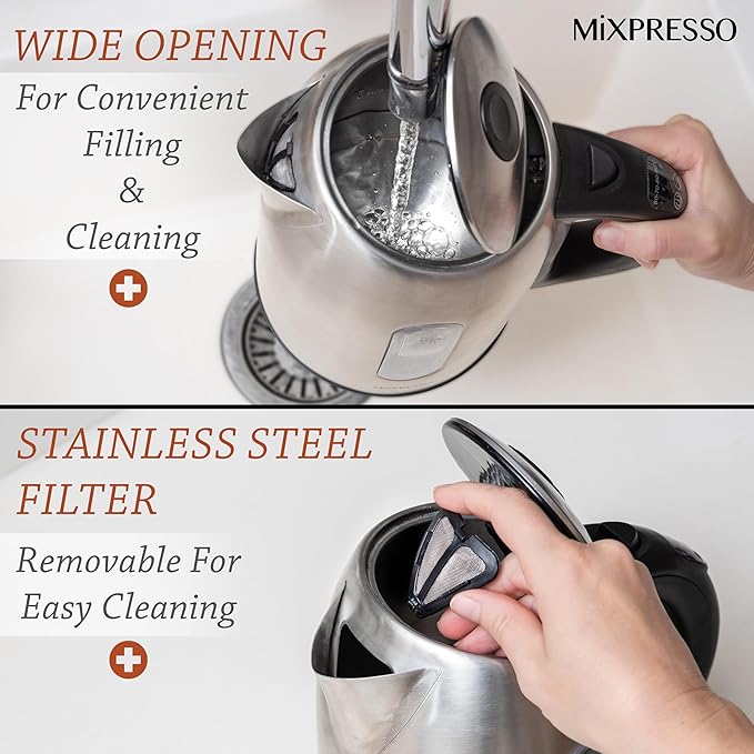 Mixpresso Stainless Steel Electric Kettle, Cordless 1.7L Electric Kettle Temperature Control,1500W Electric Tea Kettle with Viewing Window 2 Hr Keep Warm, Water Boiler with Auto-Off, Boil-Dry System