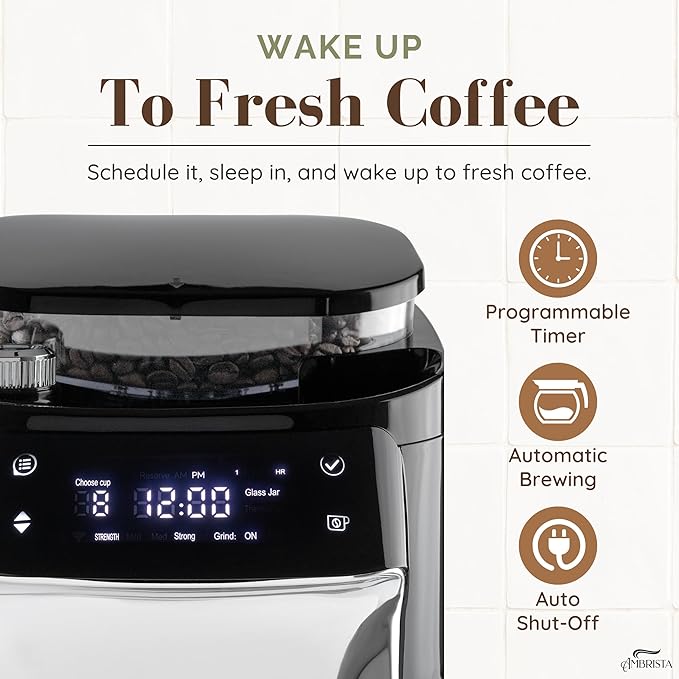 12-Cup Digital Drip Coffee Maker with Built-In Burr Grinder | Programmable Coffee Machine | Reusable Filter and Refillable Water Tank | Warming Plate with Glass Coffee Pot