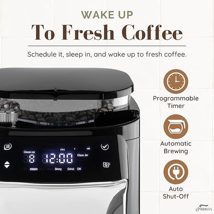 12-Cup Digital Drip Coffee Maker with Built-In Burr Grinder | Programmable Coffee Machine | Reusable Filter and Refillable Water Tank | Warming Plate with Glass Coffee Pot