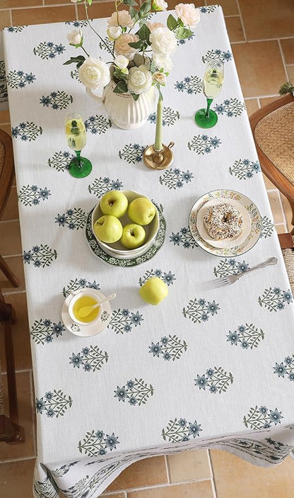 Designer White Linen Small Tablecloth Rectangular,Chinoiserie Floral Elegant Indoor Table Cloth,Fall Stain Proof Decor Tablecloths for Dining Thanksgiving Kitchen,55"*87"-Mosella F