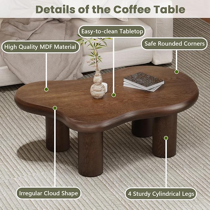 46" Retro Brown Cloud Coffee Table, Modern Round Edge Coffee Table with 4 Sturdy Support Legs and 2.67" Thick Tabletop,Easy Match for Living Room, Bedroom, Balcony,Patio