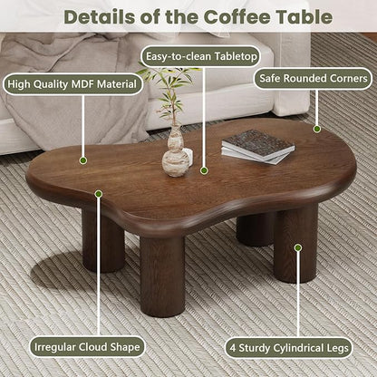 46" Retro Brown Cloud Coffee Table, Modern Round Edge Coffee Table with 4 Sturdy Support Legs and 2.67" Thick Tabletop,Easy Match for Living Room, Bedroom, Balcony,Patio