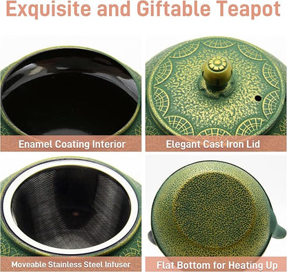 900ml Cast Iron Tea Kettle,SECHUDO Teapot Coated with Enameled Interior for Loose Leaf, Small Cast Iron Teapot with Strainer for Stovetop Safe, Green Iron Kettle(30.4oz)