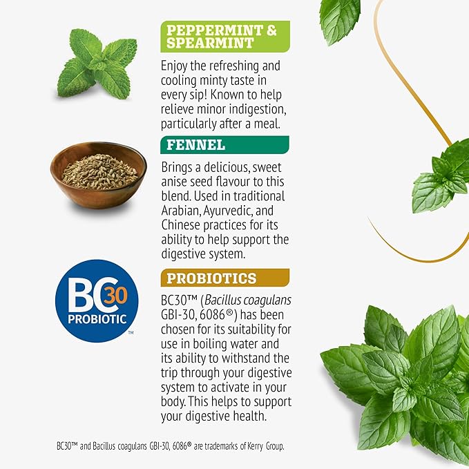 Twinings Superblends Probiotics+ Peppermint & Fennel Herbal Tea, 250 Million CFUs per Cup, 18 Tea Bags (Pack of 2), Naturally Caffeine-Free, Enjoy Hot or Iced