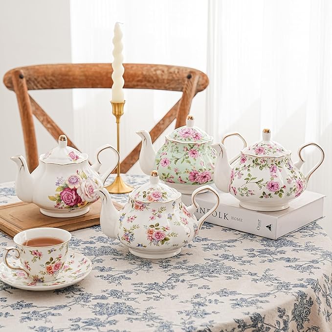 Flower Ceramic Teapot,22oz Porcelain Tea pot for Tea Coffee Milk for Office Home Men Women as Gift(White and small flowers)