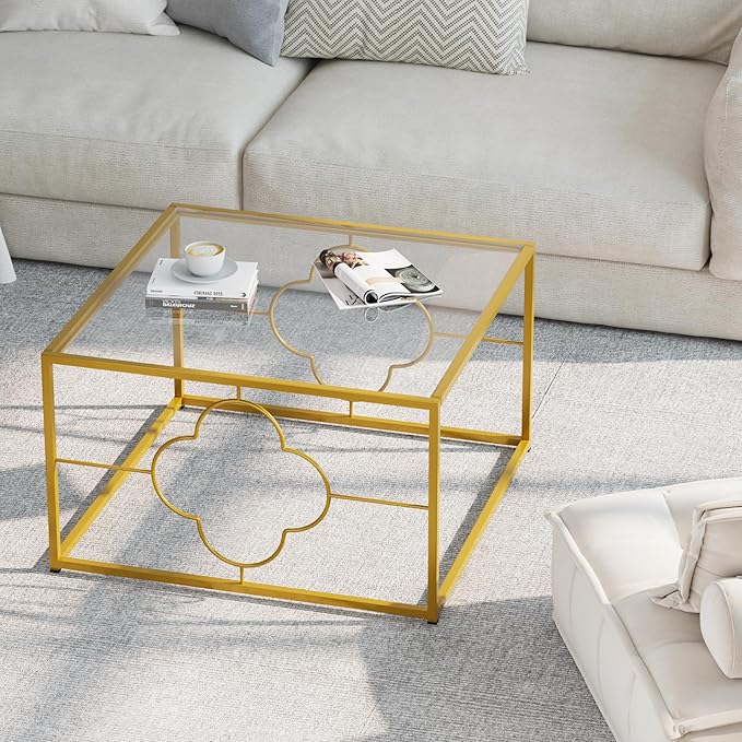 Coffee Table Modern Center Table,Glass Minimalist Square Coffee Table Tea Table for Living Room,Tempered Glass-top with Sturdy Metal Frame, Easy Assembly,26.4 x 26.4 x 15.7 Inches, Gold