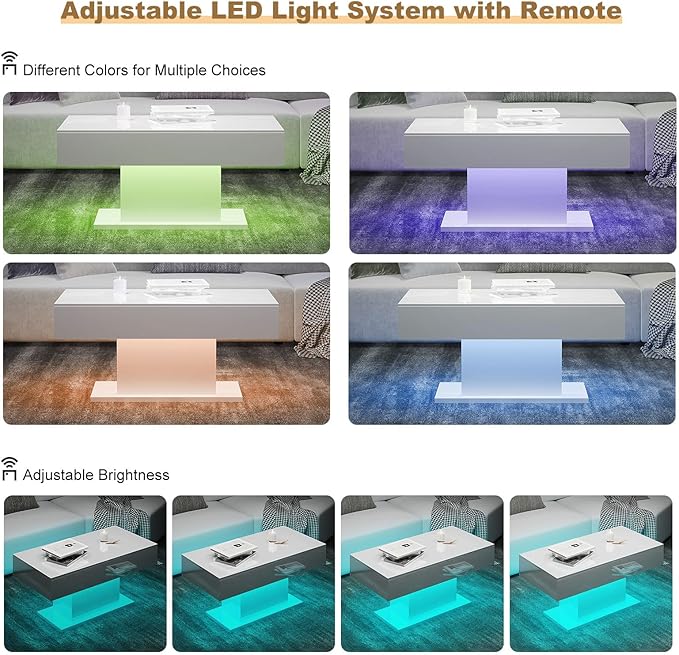 Led Coffee Table for Living Room, Living Room Table Rectangular Center Table, Modern High Glossy Wooden Coffee Tables with 16 Colors LED Lights for Dining Reception Room, White
