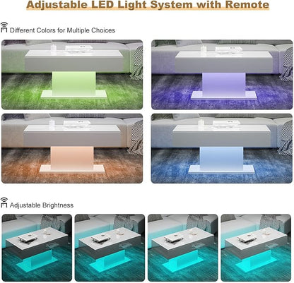 Led Coffee Table for Living Room, Living Room Table Rectangular Center Table, Modern High Glossy Wooden Coffee Tables with 16 Colors LED Lights for Dining Reception Room, White