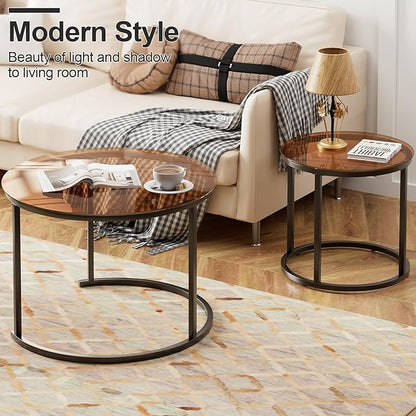 aboxoo Nesting Coffee Table Set of 2, Small Round Glass Nesting Tables for Living Room Bedroom, Accent Tea Table with Metal Frame Modern Industrial Simple