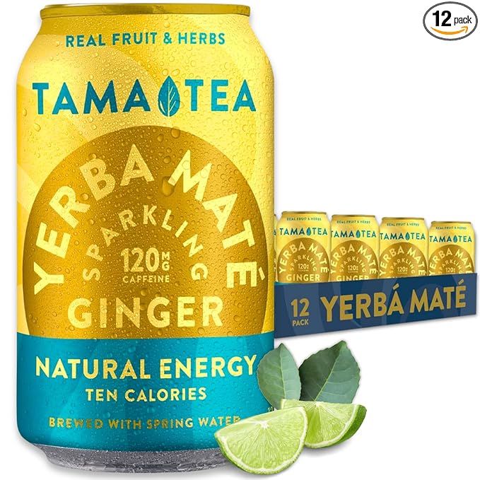 Sparkling Ginger Yerba Mate by Tama Tea - Unsweetened Natural Energy Drink with Real Fruit & Herbs - Healthy Caffeine Drink Alternative - 120mg of Brain-Boosting Caffeine, 10 Calories - 12oz Pack of 12