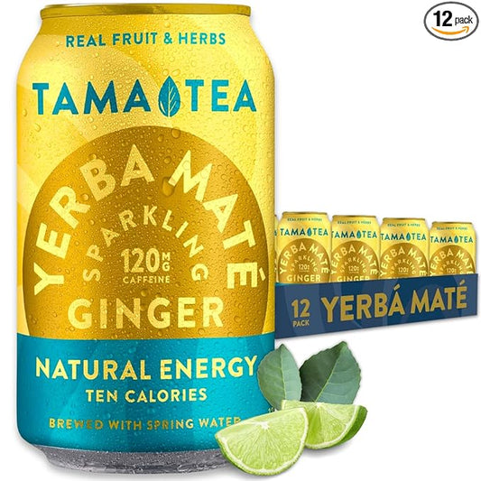 Sparkling Ginger Yerba Mate by Tama Tea - Unsweetened Natural Energy Drink with Real Fruit & Herbs - Healthy Caffeine Drink Alternative - 120mg of Brain-Boosting Caffeine, 10 Calories - 12oz Pack of 12