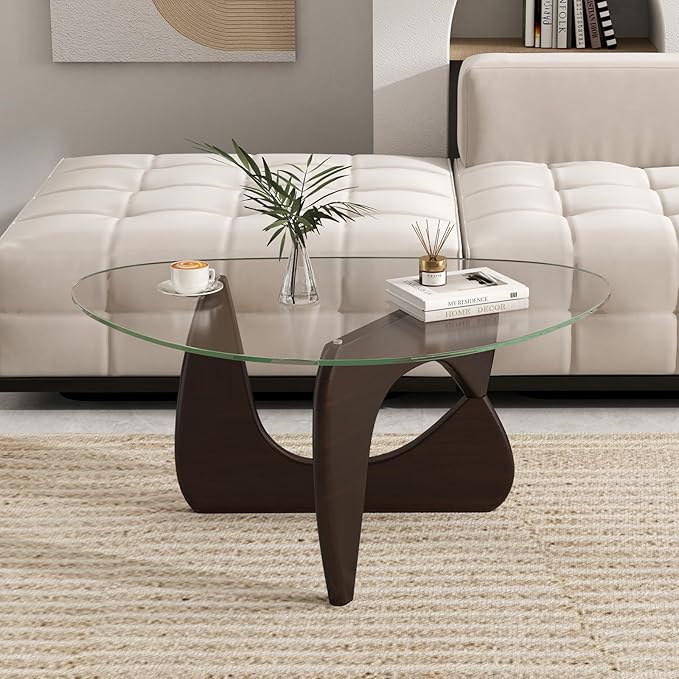 Giantex Triangle Glass Coffee Table, Solid Wood Tea Table with Tempered Glass Top & Adjustable Base, Small Accent Table for Small Spaces, Mid Century Modern Center Table for Living Room (Walnut)