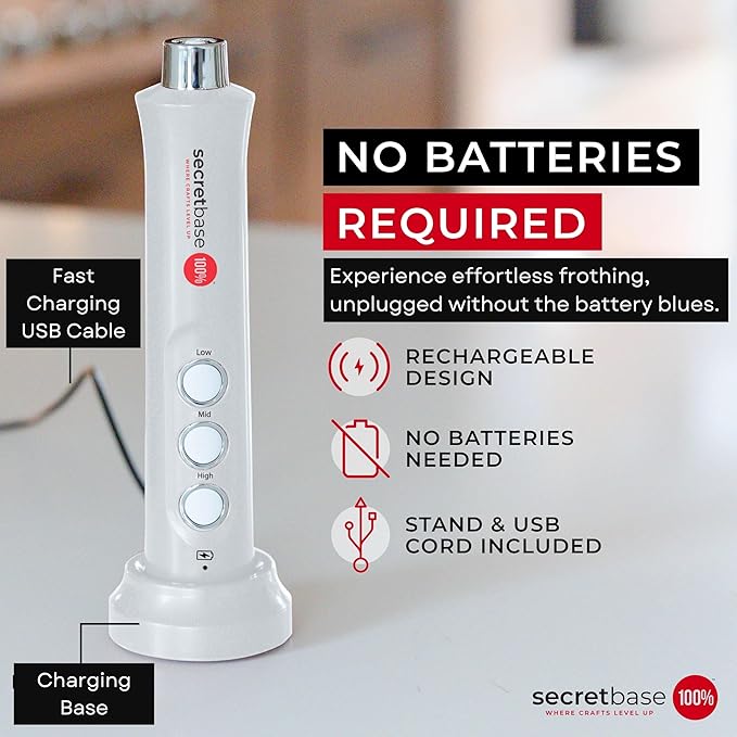 Secretbase 3 Speed Rechargeable Milk Frother, Pitcher, Charging Base - Handheld Mixer for Latte, Drinks, Matcha - Includes Cup, Electric Stirrer, Double-Whisk Frother for Coffee, Egg Beater (White)