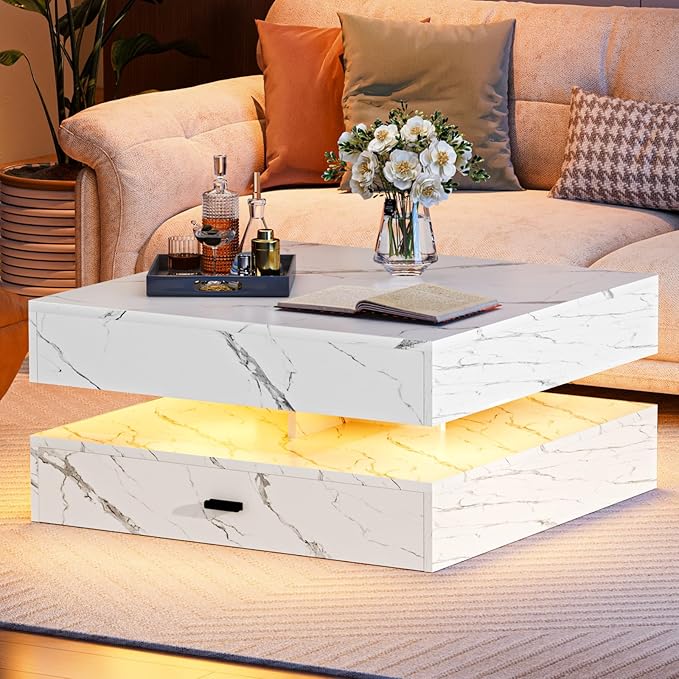 LED Coffee Table for Living Room, 2-Tier Living Room Table Square Center Table, Modern Coffee Tables with Storage, Middle Wooden Tea Tables for Home Office (Marble)
