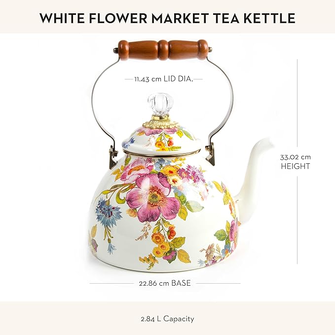 MACKENZIE-CHILDS Enamel Tea Kettle, Stylish Tea Kettle for Stovetop, White Flower Market, 3 Quarts