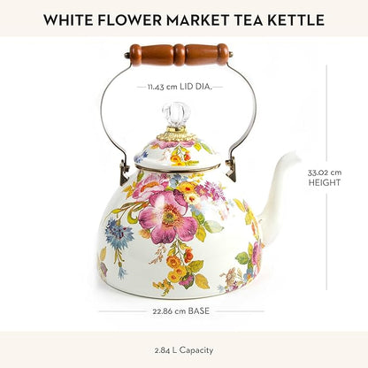 MACKENZIE-CHILDS Enamel Tea Kettle, Stylish Tea Kettle for Stovetop, White Flower Market, 3 Quarts