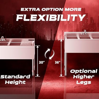 DuraSteel 3 Compartment Under Bar Sink - CEC & NSF 304 Stainless Steel 3 Bay Utility Sink with No Lead Faucet - 48" L x 19" W x 33" H - Right Drainboard Commercial Restaurant Grade