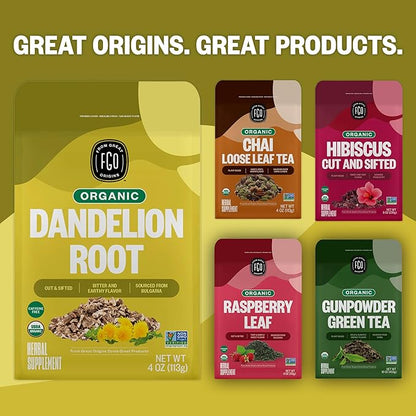 FGO Organic Dandelion Root Loose Tea, Cut and Sifted, Caffeine Free, 16oz Bulk Resealable Bag, Packaging May Vary (Pack of 1)