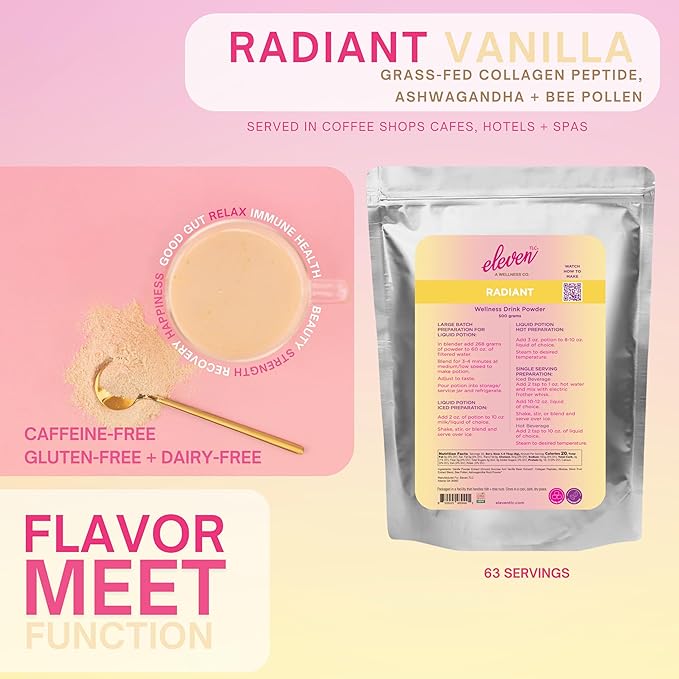 Eleven TLC, Radiant Beauty Bovine Collagen Peptides Drink Mix, Ashwagandha, Hydrolyzed Collagen, Bee Pollen, Vanilla Protein Powder, Dairy Free, Superfood Lattes, Wellness Hydration Mix, 63 Servings