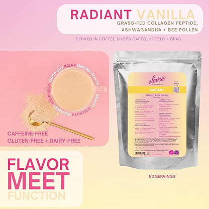 Eleven TLC, Radiant Beauty Bovine Collagen Peptides Drink Mix, Ashwagandha, Hydrolyzed Collagen, Bee Pollen, Vanilla Protein Powder, Dairy Free, Superfood Lattes, Wellness Hydration Mix, 63 Servings
