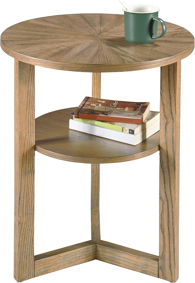 PADMA HOUSE 19.3" Round Wood End Table, 2-Tier Solid Wood Rounded Accent Side Table Circle Nightstand Table with Storage Shelf Vintage Furniture for Home Living Room Bedroom,Rustic Natural 3338