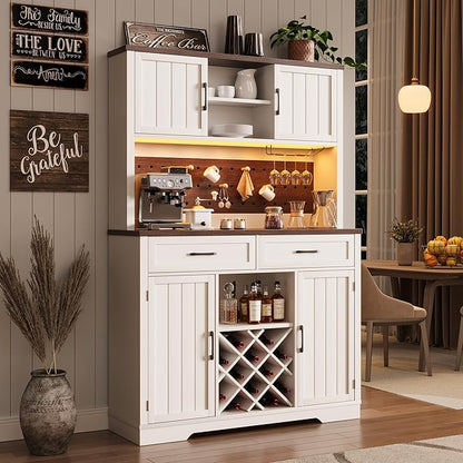 72" Coffee Bar Cabinet with Power Outlet & LED Light, Farmhouse Large Kitchen Hutch with Sliding Barn Door, Tall Bar Cabinets with Storage Drawers & Wine Glass Rack,Pantry China Cabinet for Home,White
