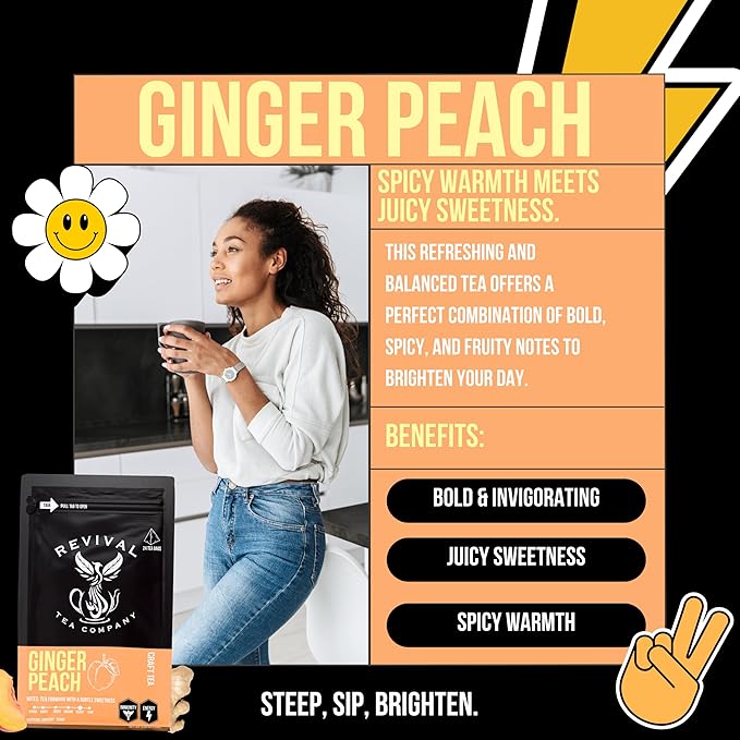 Revival Tea Company Ginger Peach Tea - Black Tea Blend with Ginger Spice and Peach Pieces - 24 Tea Bags