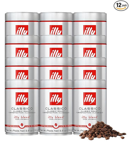 Illy Whole Bean Coffee, Classico Medium Roast - Mild & Balanced - 100% Arabica - Whole Beans - Pressurized Packaging Sealed for Freshness - 8.8oz can (Pack of 12)