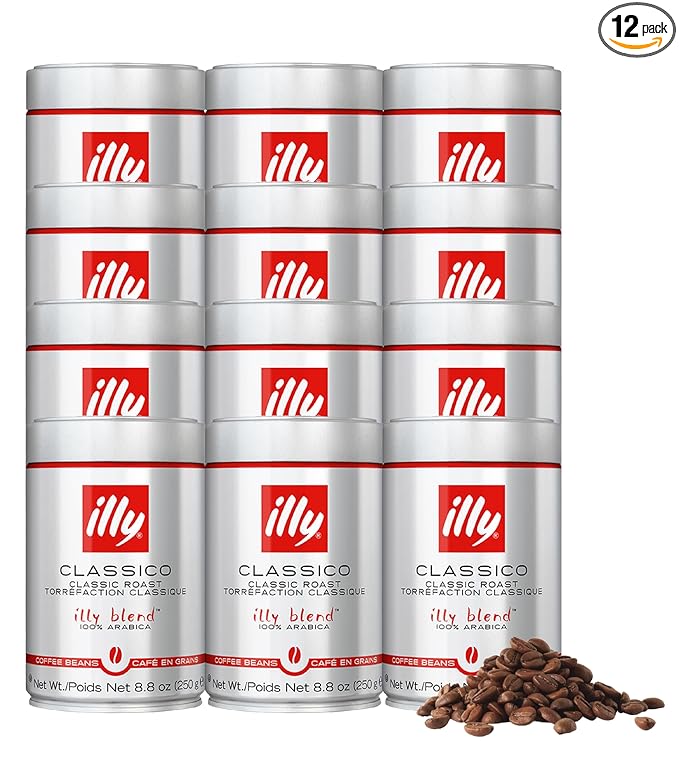 Illy Whole Bean Coffee, Classico Medium Roast - Mild & Balanced - 100% Arabica - Whole Beans - Pressurized Packaging Sealed for Freshness - 8.8oz can (Pack of 12)