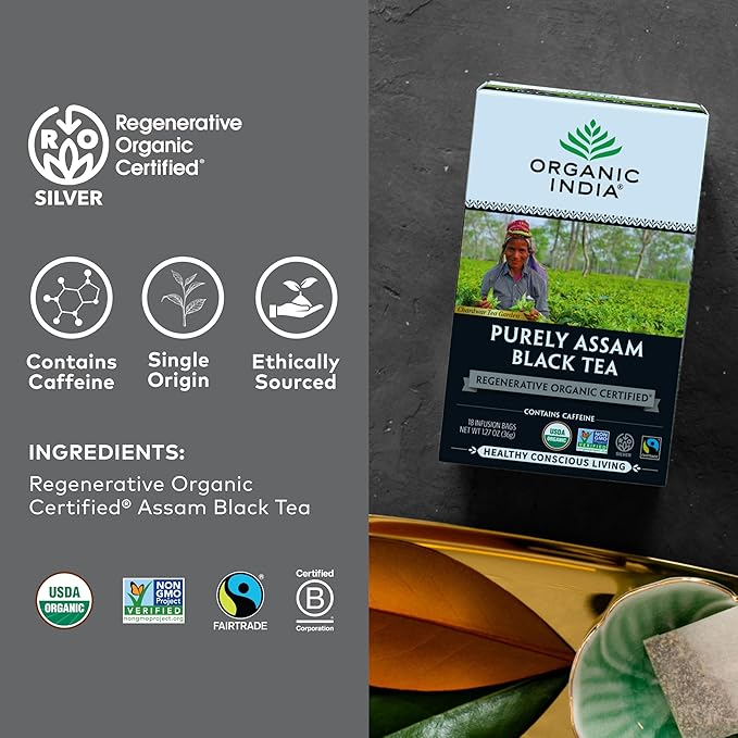 Organic India Purely Assam Black Tea - Caffeinated Herbal Tea Bags with Natural Assam Leaves, Enjoy with Milk & Sweetener, USDA Organic, Non-GMO, Fairtrade Certified - 18 Bags (Pack of 6)