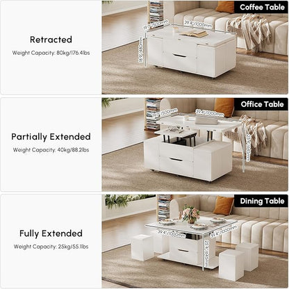 homary White Lift Top Coffee Table with Hidden Storage, 3 in 1 Multi-Function Modern Folding Center Table with 4 Stools and Casters