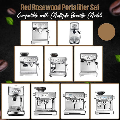 54mm Bottomless Portafilter 3 Ears Red Rosewood Handle Set – Fits 54mm Breville machines – Includes 18g Filter Basket, Updated Tamper with Constant 30lb Calibrated Spring Loaded & 1.7mm Puck Screen