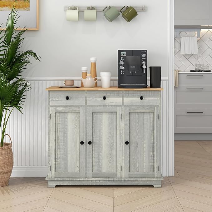HOMCOM Sideboard with Solid Wood Countertop, Modern Kitchen Storage Cabinet, Coffee Bar Cabinet with 3 Drawers, Doors and Adjustable Shelf, Distressed Light Gray