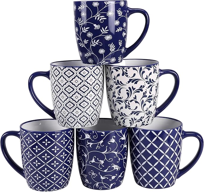 Schliersee 18 OZ Large Coffee Mugs Set of 6, Ceramic Mug for Man Woman, Blue White Geometric Floral Porcelain Cup for Latte, Hot Tea, Cappuccino, Mocha, Cocoa, Housewarming Wedding Mug Present